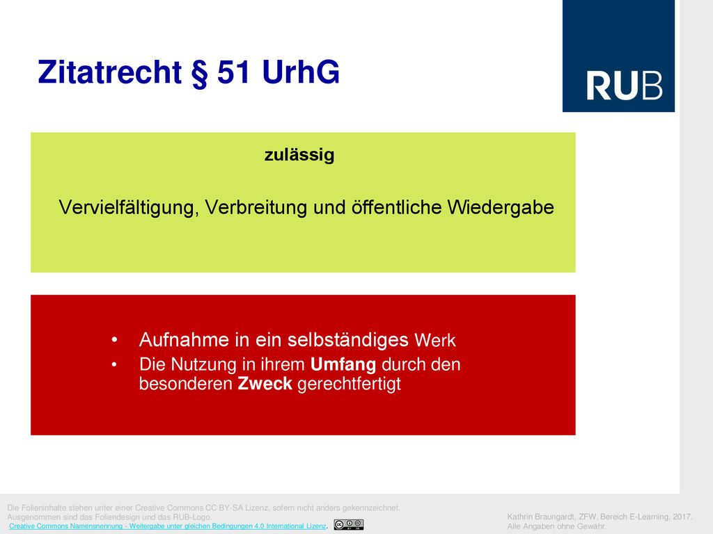 Zitatrecht § 51 UrhG zulässig. Vervielfältigung, Verbreitung und öffentliche Wiedergabe. Aufnahme in ein selbständiges Werk.