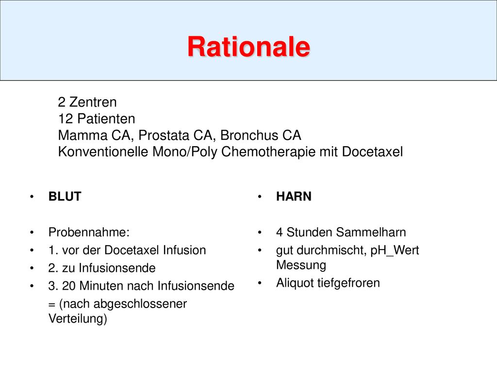 Rationale 2 Zentren 12 Patienten Mamma CA, Prostata CA, Bronchus CA