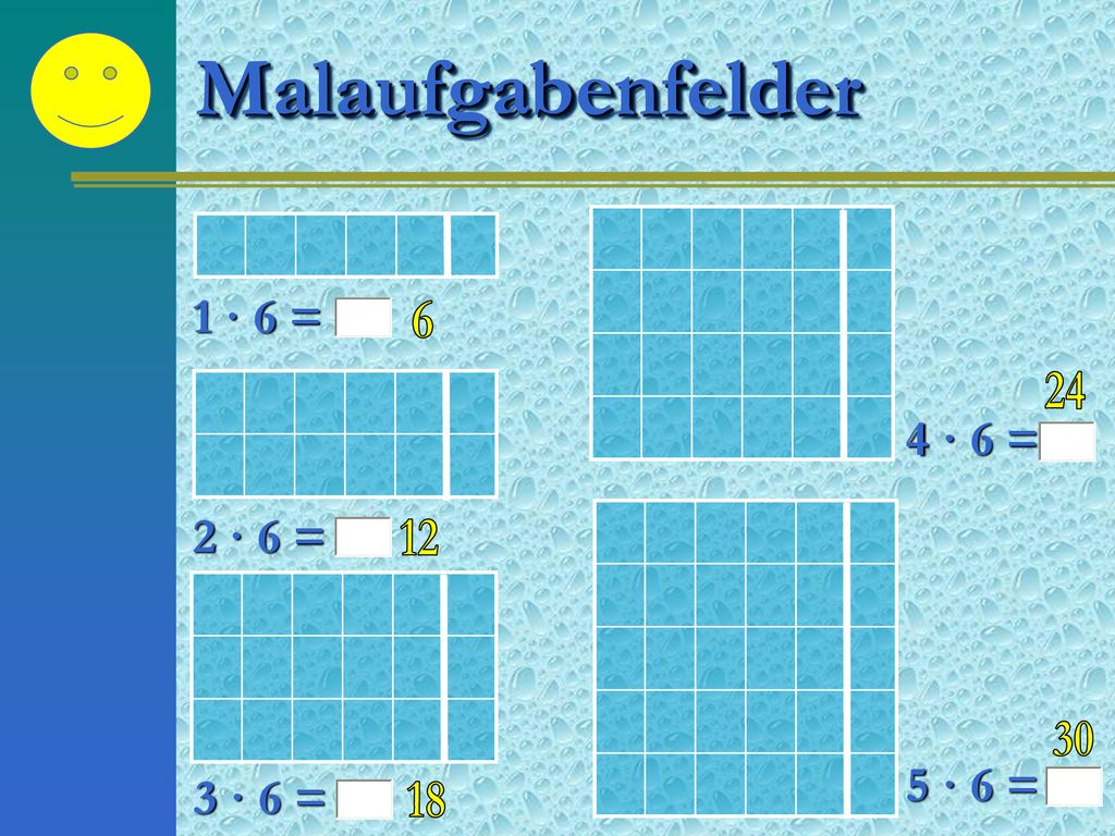 Malaufgabenfelder 1 · 6 = 4 · 6 = 2 · 6 = 5 · 6 = 3 · 6 =