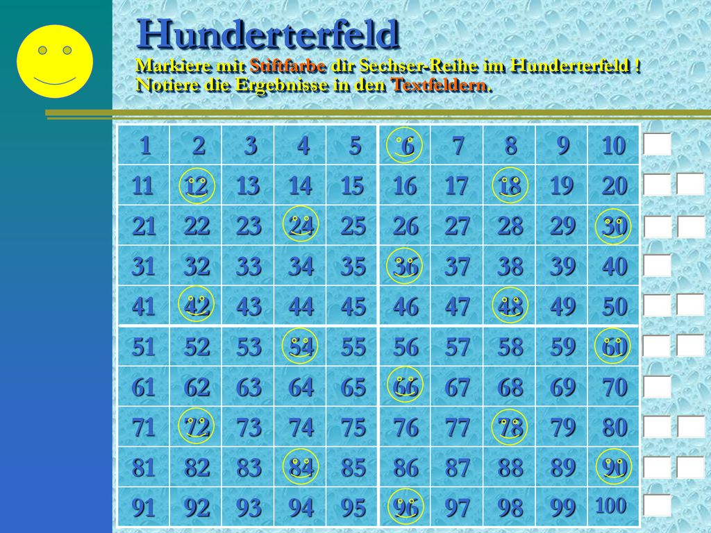 Hunderterfeld Markiere mit Stiftfarbe dir Sechser-Reihe im Hunderterfeld ! Notiere die Ergebnisse in den Textfeldern.