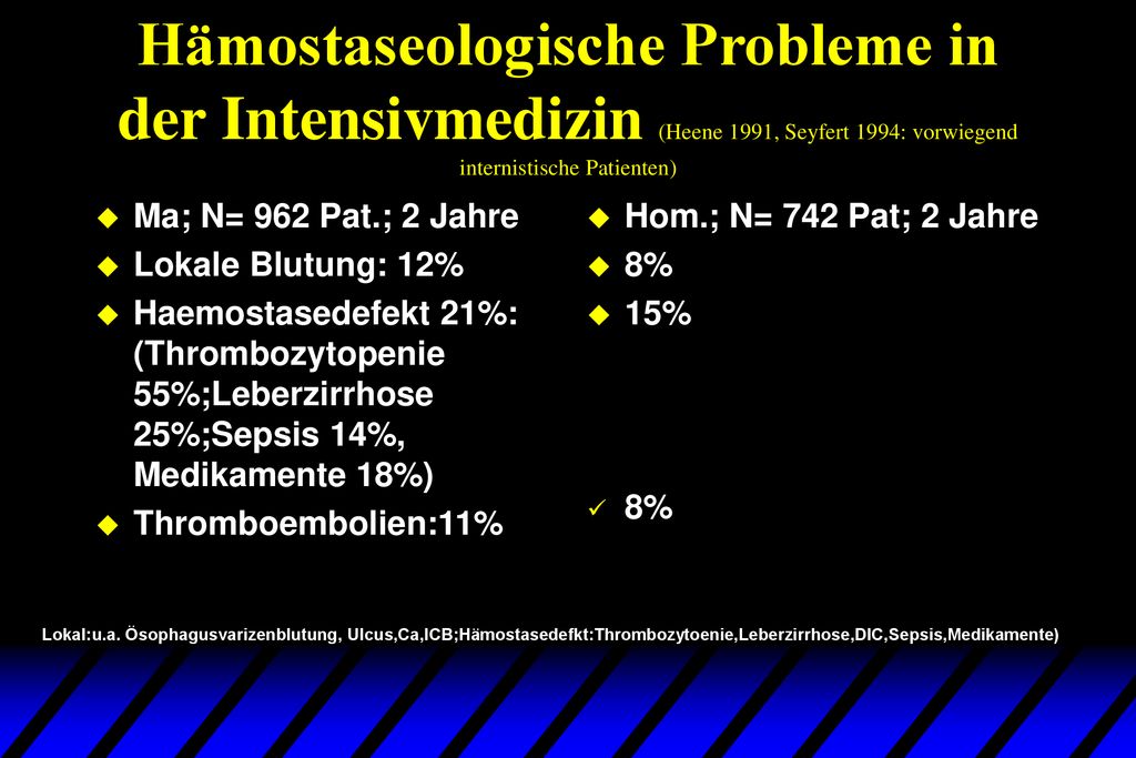 Hämostaseologische Probleme in der Intensivmedizin (Heene 1991, Seyfert 1994: vorwiegend internistische Patienten)