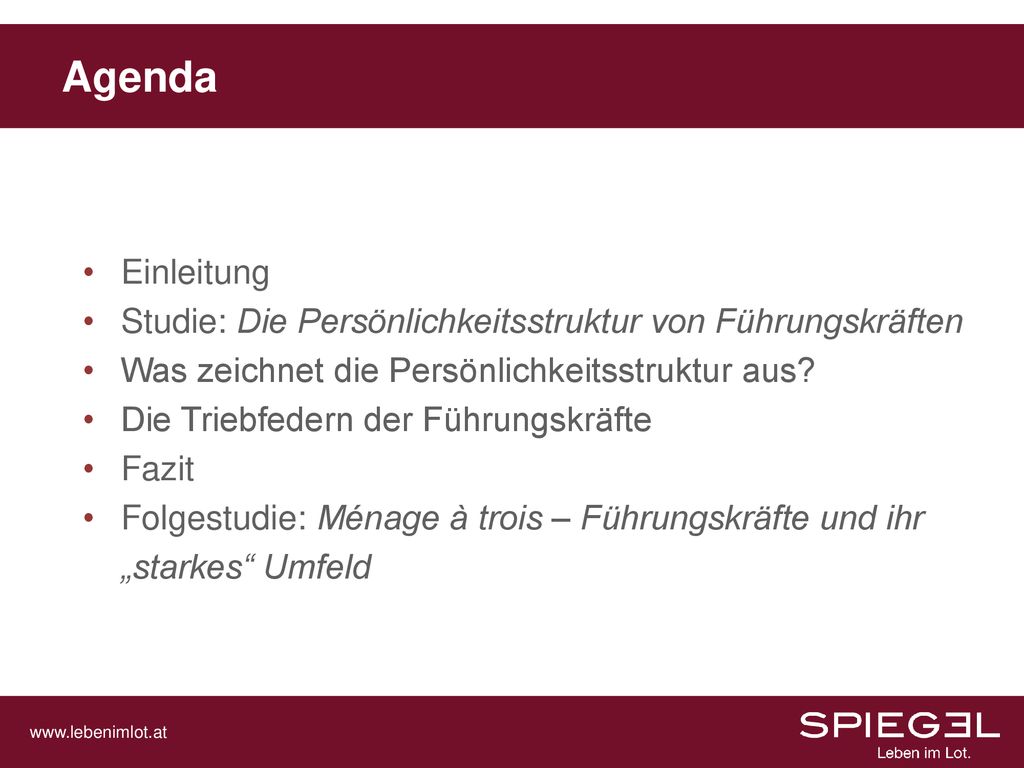Agenda Einleitung. Studie: Die Persönlichkeitsstruktur von Führungskräften. Was zeichnet die Persönlichkeitsstruktur aus