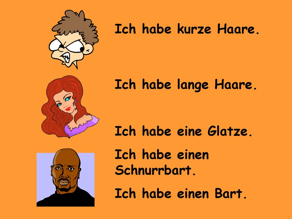 Ich habe kurze Haare. Ich habe lange Haare. Ich habe eine Glatze.