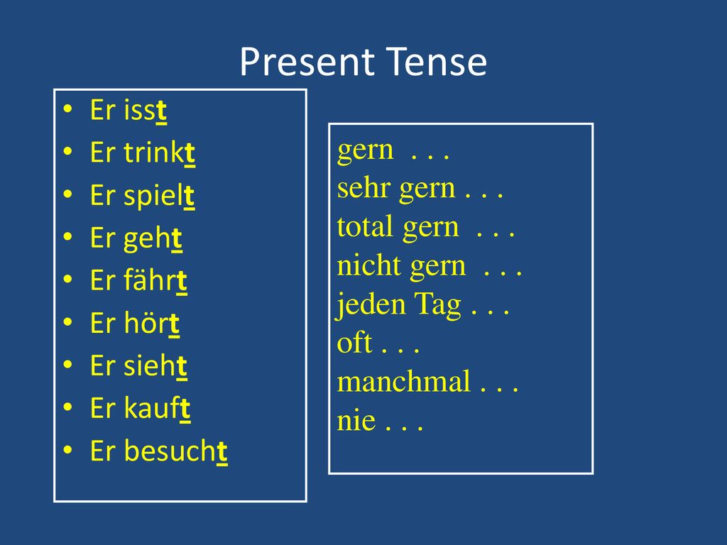 Present Tense Er isst Er trinkt gern Er spielt sehr gern . . .