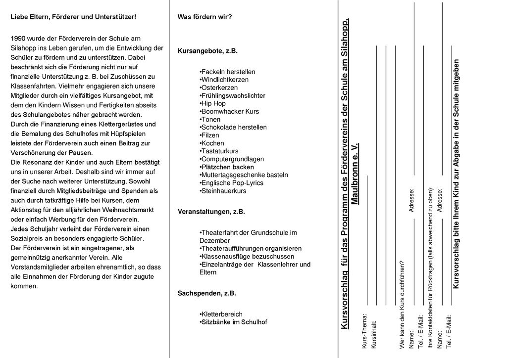 Kursvorschlag bitte Ihrem Kind zur Abgabe in der Schule mitgeben