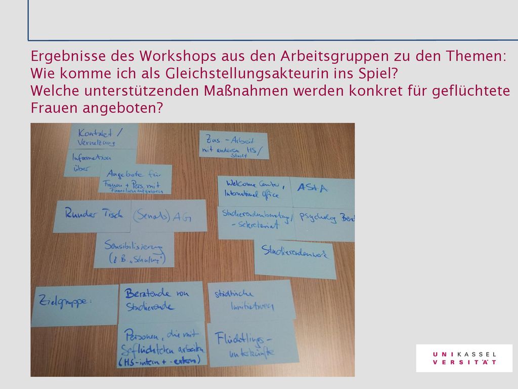 Ergebnisse des Workshops aus den Arbeitsgruppen zu den Themen: