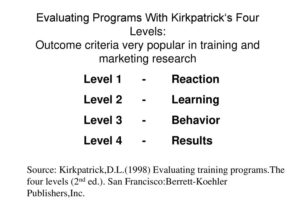 Evaluating Programs With Kirkpatrick‘s Four Levels: Outcome criteria very popular in training and marketing research