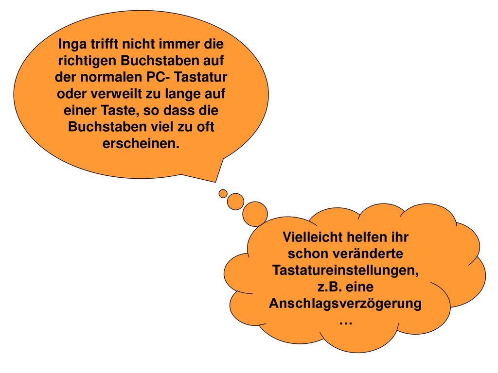 Inga trifft nicht immer die richtigen Buchstaben auf der normalen PC- Tastatur oder verweilt zu lange auf einer Taste, so dass die Buchstaben viel zu oft erscheinen.