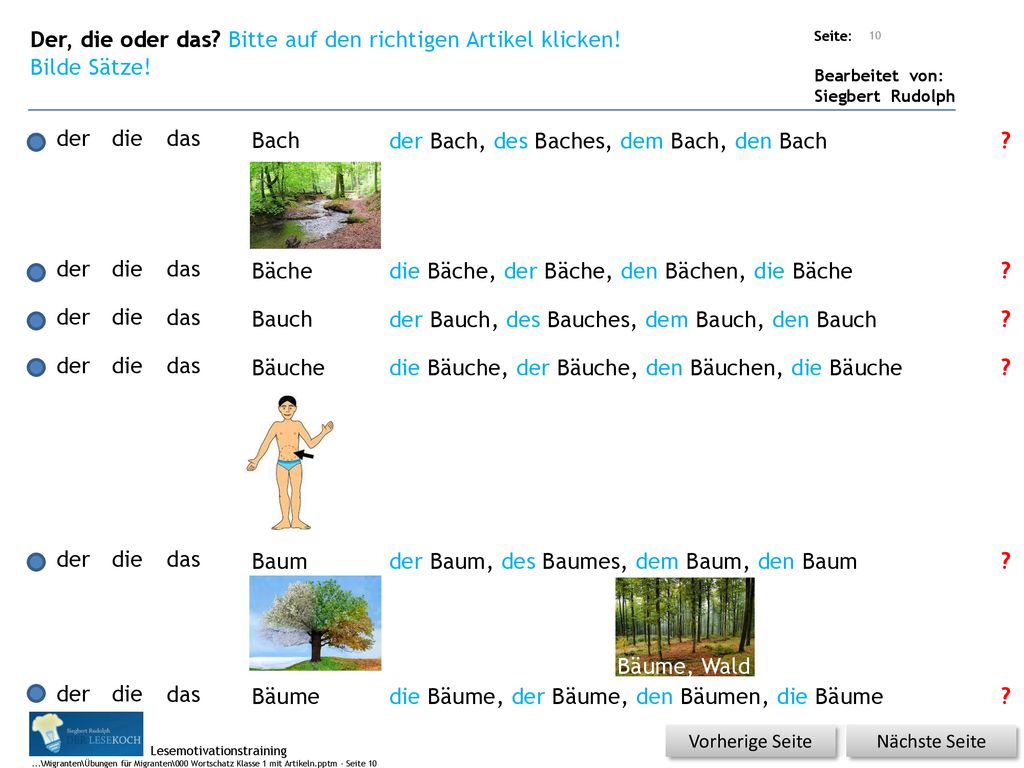 Der, die oder das Bitte auf den richtigen Artikel klicken!
