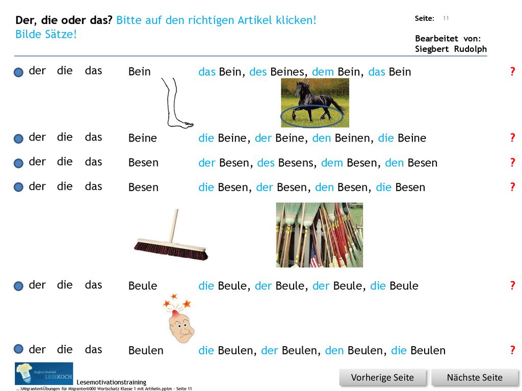 Der, die oder das Bitte auf den richtigen Artikel klicken!