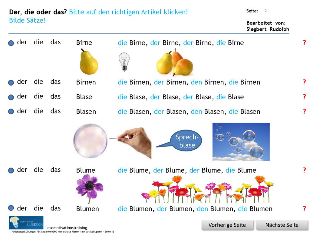 Der, die oder das Bitte auf den richtigen Artikel klicken!