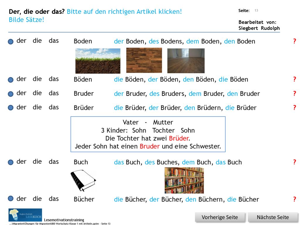 Der, die oder das Bitte auf den richtigen Artikel klicken!