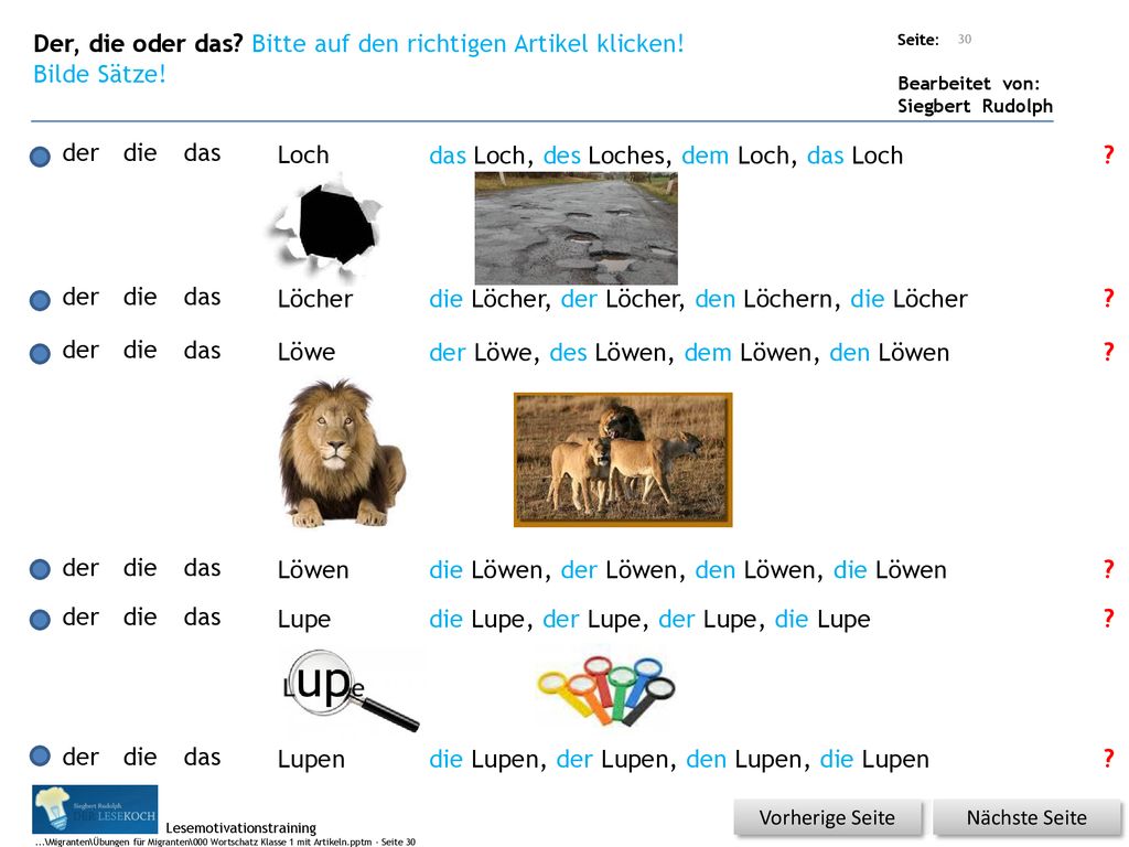 Der, die oder das Bitte auf den richtigen Artikel klicken!