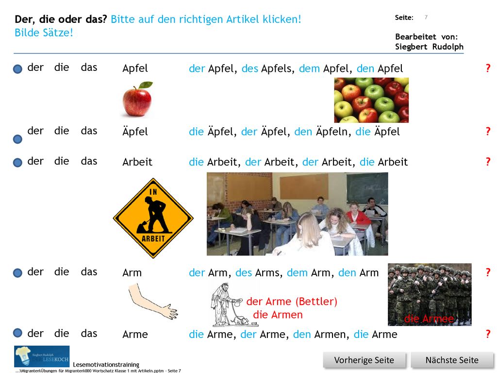 Der, die oder das Bitte auf den richtigen Artikel klicken!