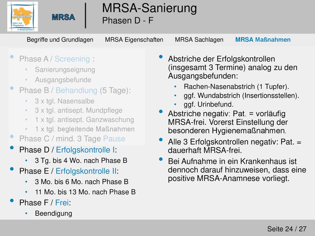 MRSA-Sanierung Phasen D - F Phase A / Screening :