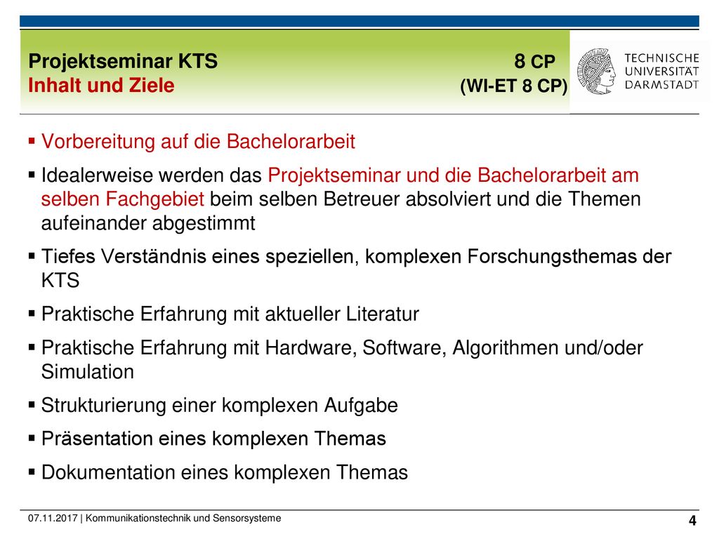 Projektseminar KTS 8 CP Inhalt und Ziele (WI-ET 8 CP)