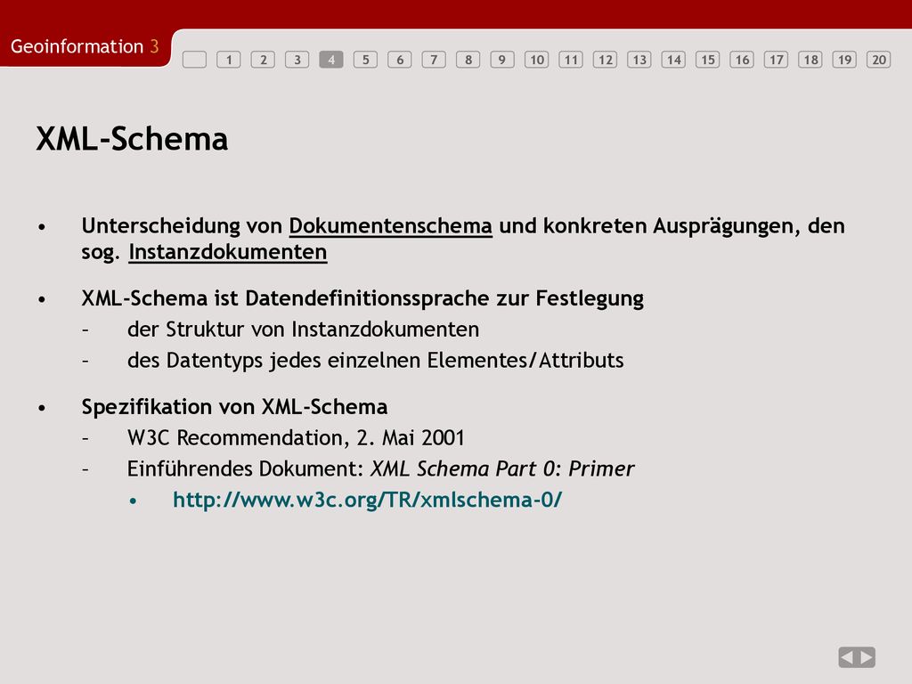4 XML-Schema. Unterscheidung von Dokumentenschema und konkreten Ausprägungen, den sog. Instanzdokumenten.