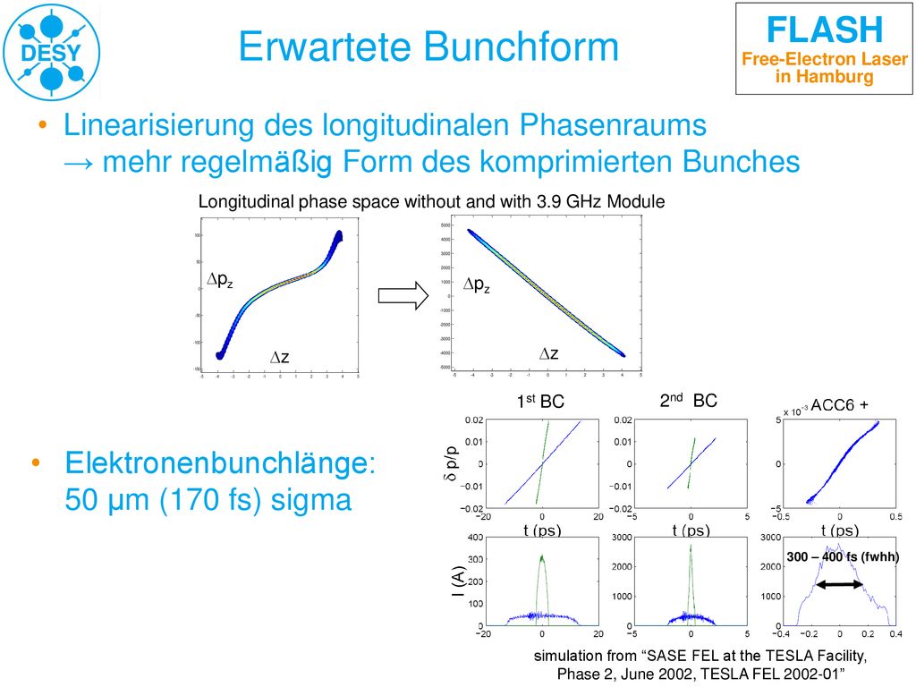 Erwartete Bunchform Linearisierung des longitudinalen Phasenraums → mehr regelmäßig Form des komprimierten Bunches.
