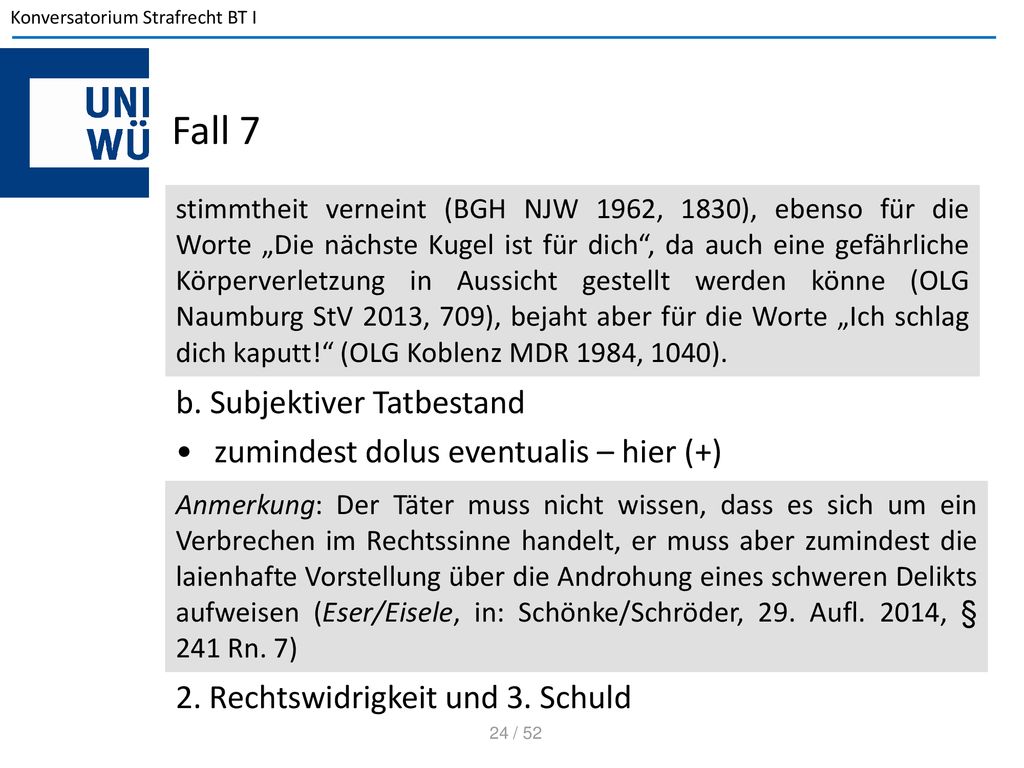 Fall 7 b. Subjektiver Tatbestand zumindest dolus eventualis – hier (+)