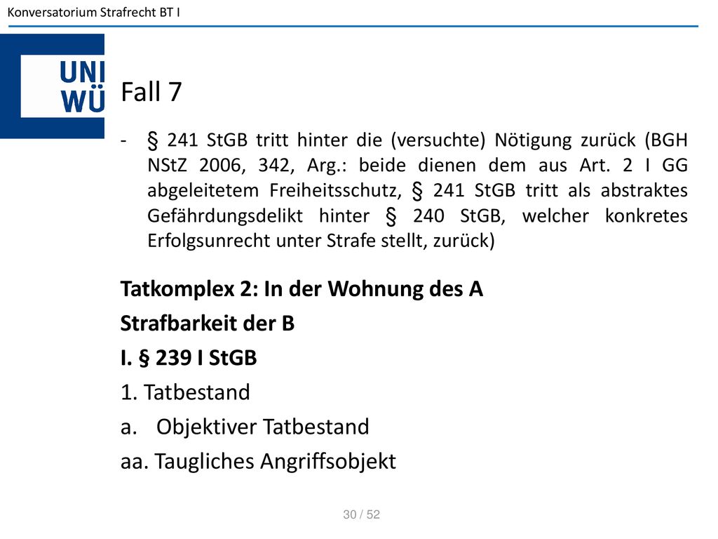 Fall 7 Tatkomplex 2: In der Wohnung des A Strafbarkeit der B