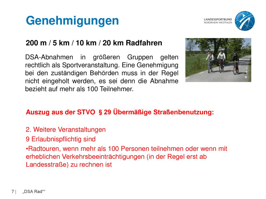 Genehmigungen 200 m / 5 km / 10 km / 20 km Radfahren