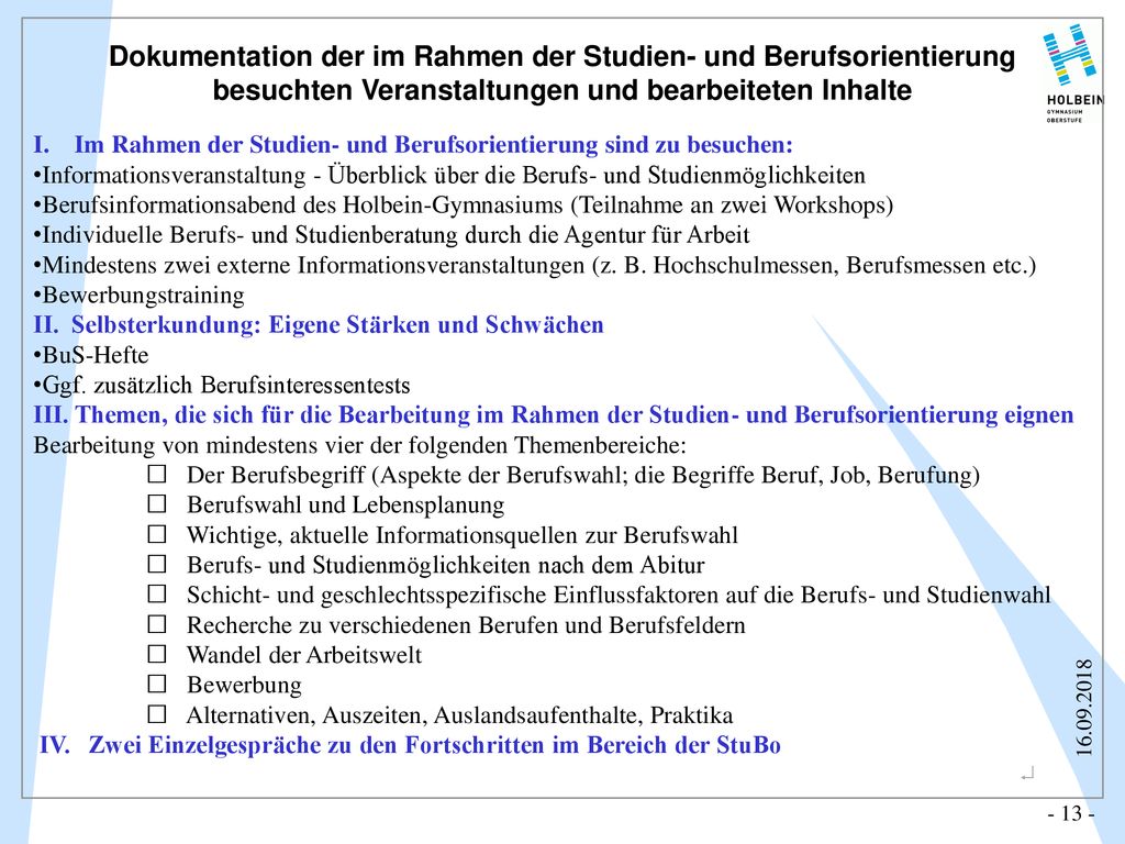I. Im Rahmen der Studien- und Berufsorientierung sind zu besuchen: