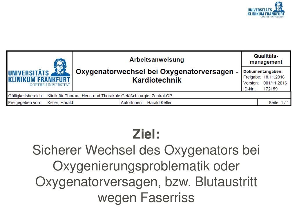 Ziel: Sicherer Wechsel des Oxygenators bei Oxygenierungsproblematik oder Oxygenatorversagen, bzw.