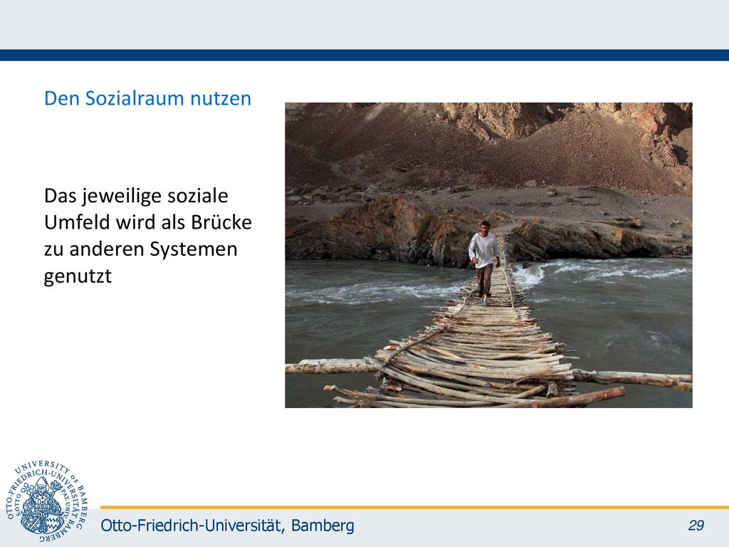 Den Sozialraum nutzen Das jeweilige soziale Umfeld wird als Brücke zu anderen Systemen genutzt