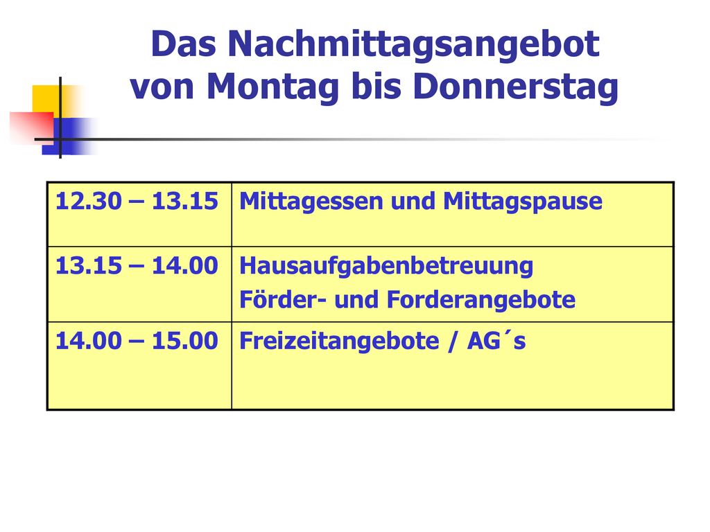 Das Nachmittagsangebot von Montag bis Donnerstag
