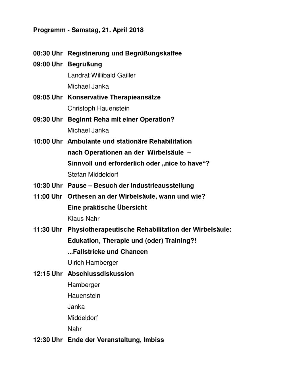 Programm - Samstag, 21. April 2018