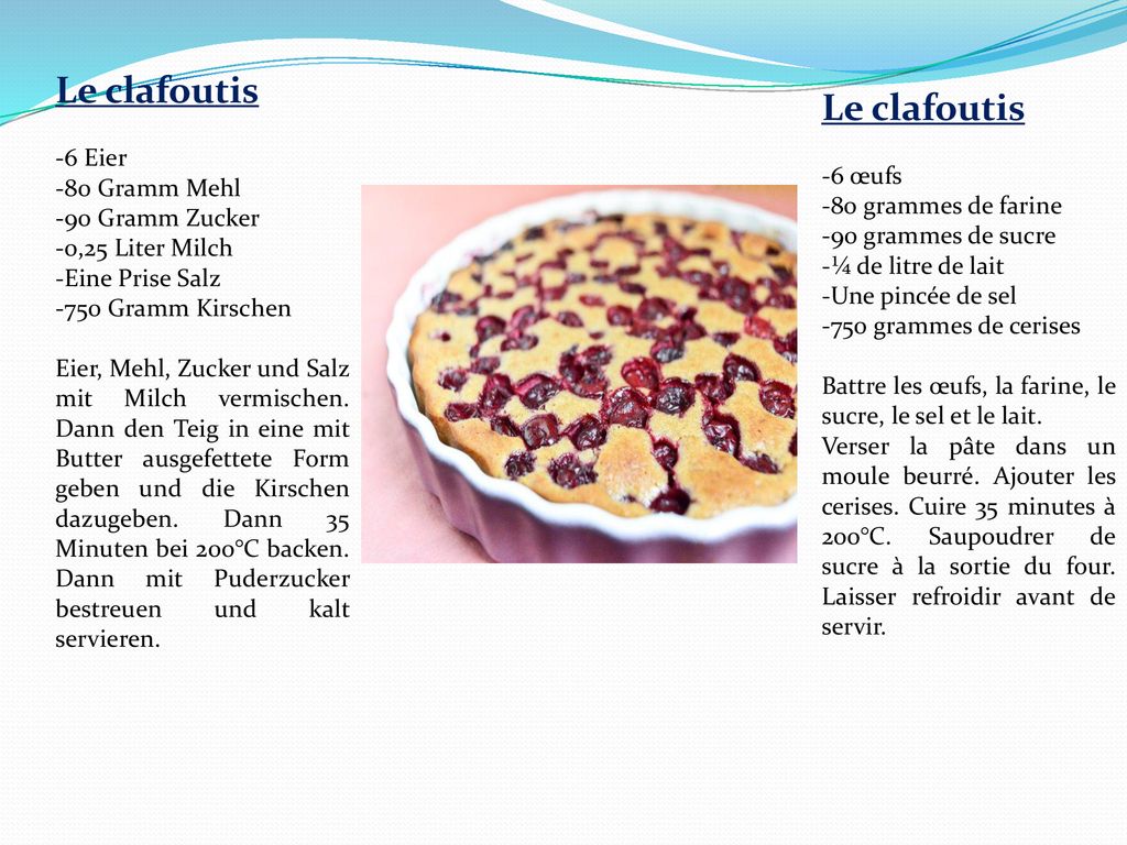 Le clafoutis Le clafoutis -6 Eier -80 Gramm Mehl -6 œufs