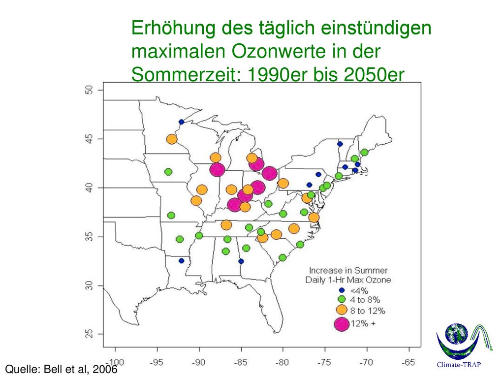 Erhöhung des täglich einstündigen maximalen Ozonwerte in der Sommerzeit: 1990er bis 2050er