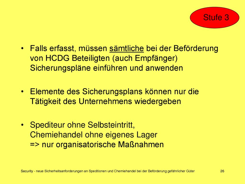 Stufe 3 Falls erfasst, müssen sämtliche bei der Beförderung von HCDG Beteiligten (auch Empfänger) Sicherungspläne einführen und anwenden.