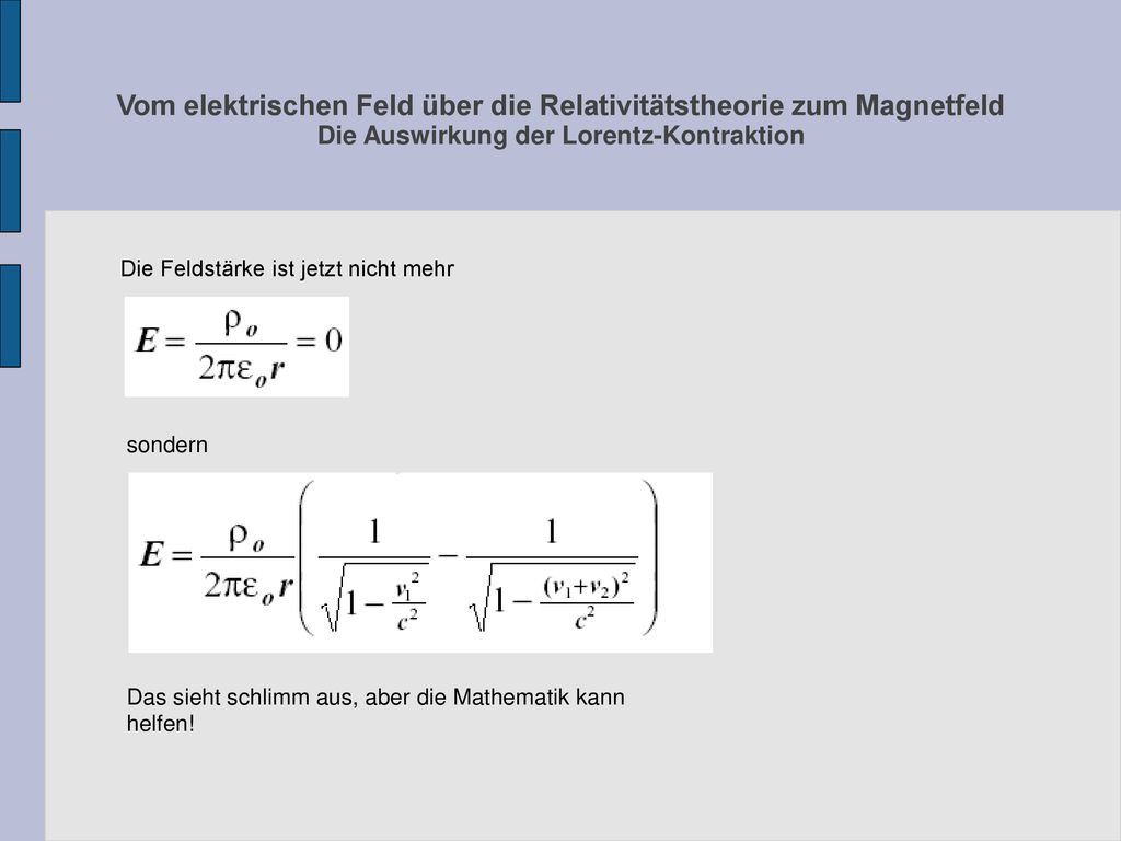 Vom elektrischen Feld über die Relativitätstheorie zum Magnetfeld Die Auswirkung der Lorentz-Kontraktion