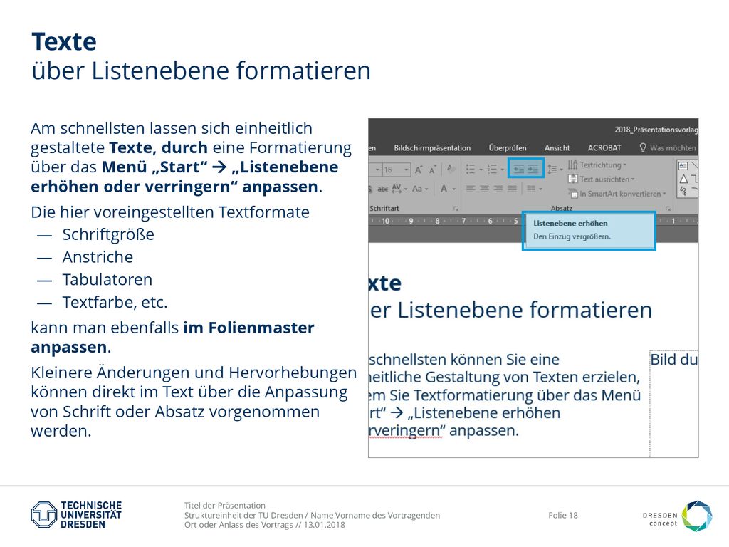 Texte über Listenebene formatieren