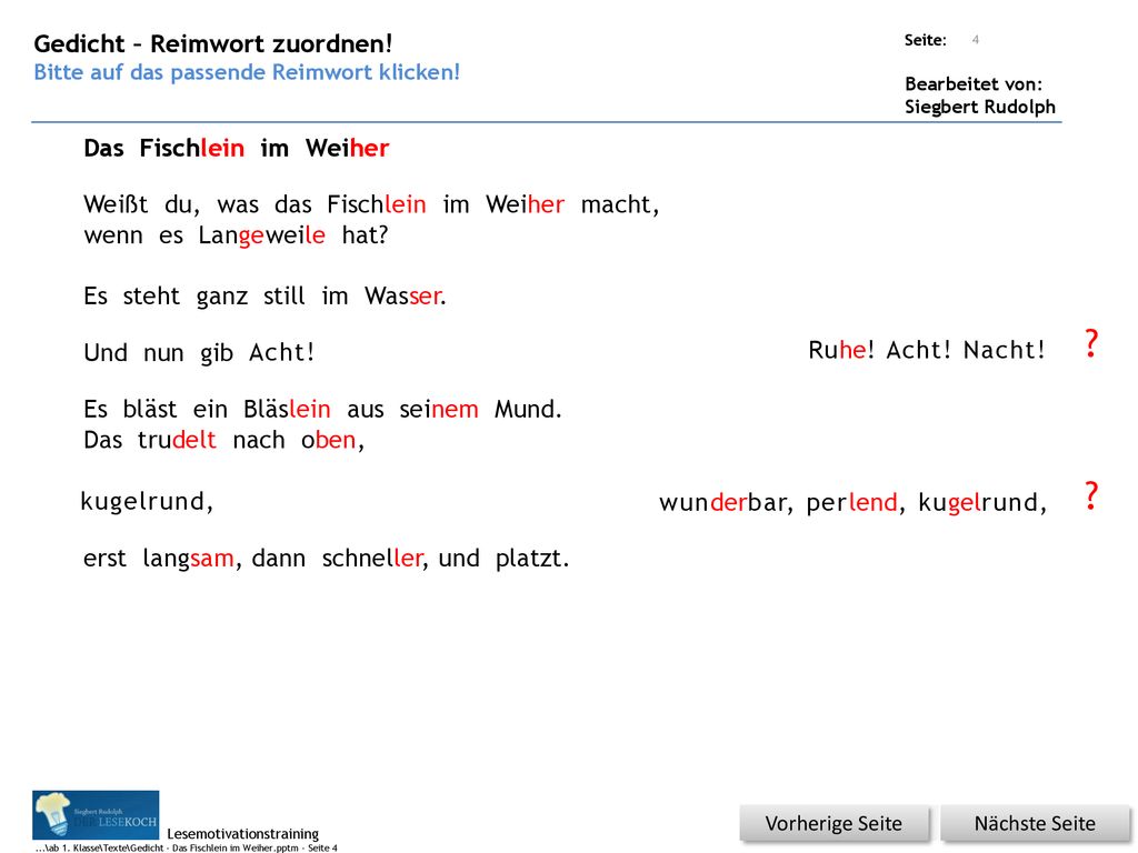 Gedicht – Reimwort zuordnen! Das Fischlein im Weiher