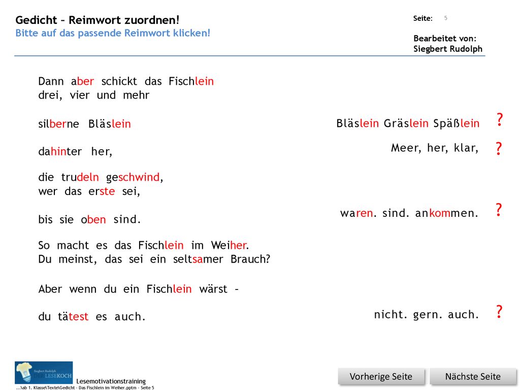 Gedicht – Reimwort zuordnen! Dann aber schickt das Fischlein