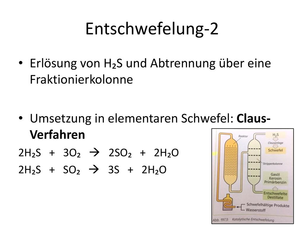 Entschwefelung-2 Erlösung von H₂S und Abtrennung über eine Fraktionierkolonne. Umsetzung in elementaren Schwefel: Claus-Verfahren.