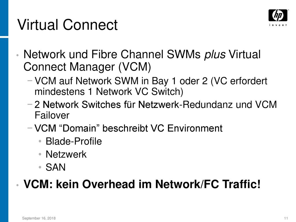 Virtual Connect Network und Fibre Channel SWMs plus Virtual Connect Manager (VCM)