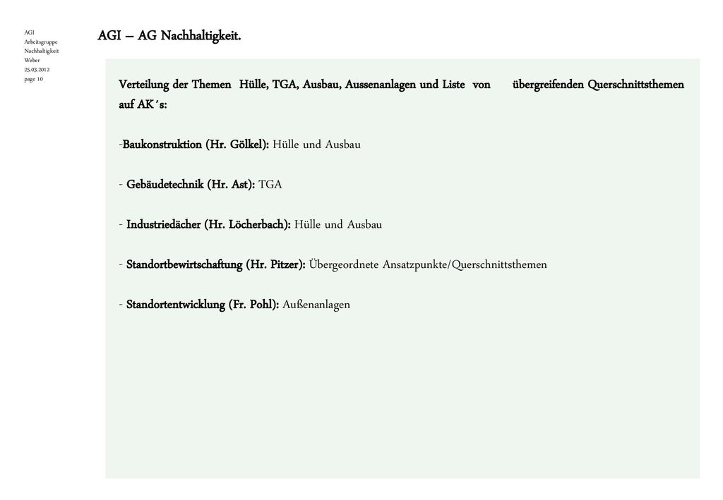 Verteilung der Themen Hülle, TGA, Ausbau, Aussenanlagen und Liste von