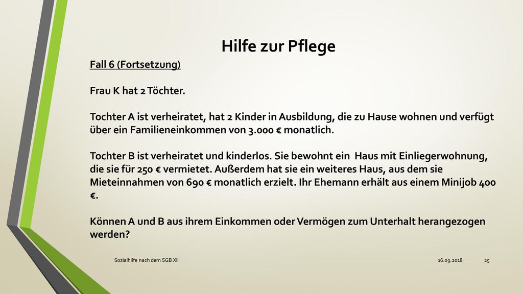 Hilfe zur Pflege Fall 6 (Fortsetzung) Frau K hat 2 Töchter.