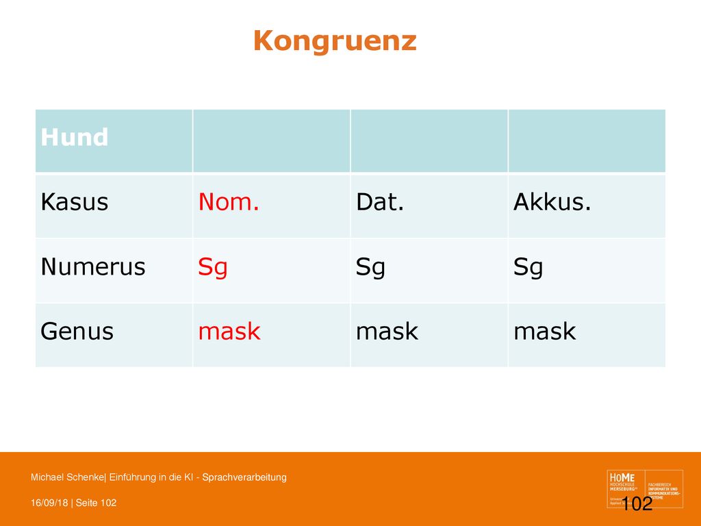 Kongruenz Hund Kasus Nom. Dat. Akkus. Numerus Sg Genus mask