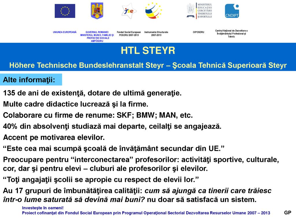 HTL STEYR Höhere Technische Bundeslehranstalt Steyr – Şcoala Tehnică Superioară Steyr. Alte informaţii: