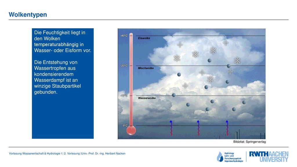 Wolkentypen Die Feuchtigkeit liegt in den Wolken temperaturabhängig in Wasser- oder Eisform vor.