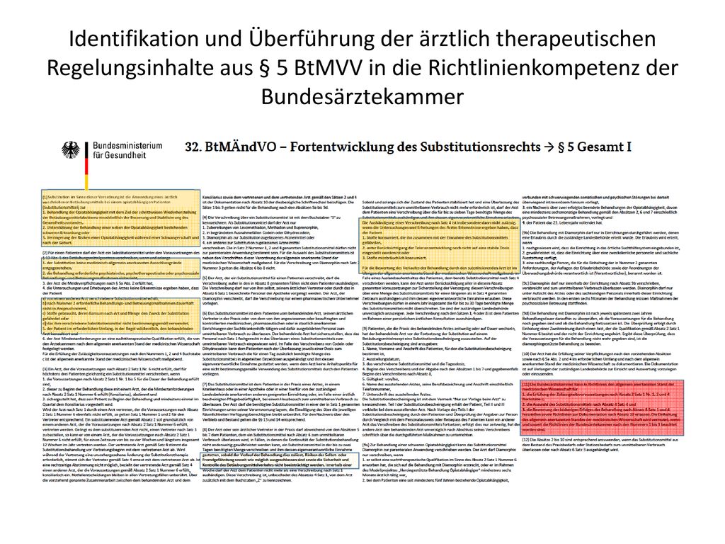 Identifikation und Überführung der ärztlich therapeutischen Regelungsinhalte aus § 5 BtMVV in die Richtlinienkompetenz der Bundesärztekammer