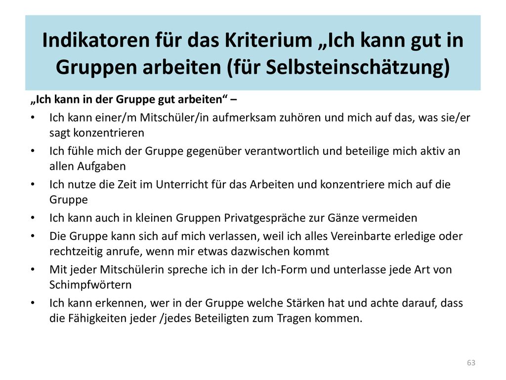 Indikatoren für das Kriterium „Ich kann gut in Gruppen arbeiten (für Selbsteinschätzung)