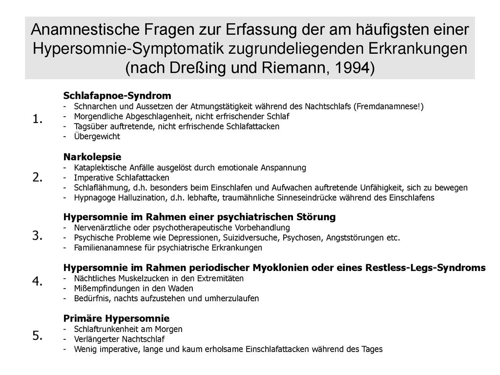 Anamnestische Fragen zur Erfassung der am häufigsten einer Hypersomnie-Symptomatik zugrundeliegenden Erkrankungen (nach Dreßing und Riemann, 1994)