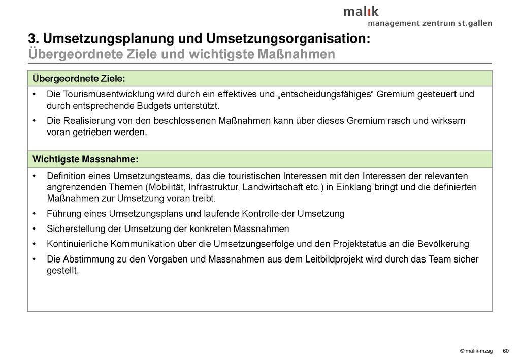 3. Umsetzungsplanung und Umsetzungsorganisation: Übergeordnete Ziele und wichtigste Maßnahmen