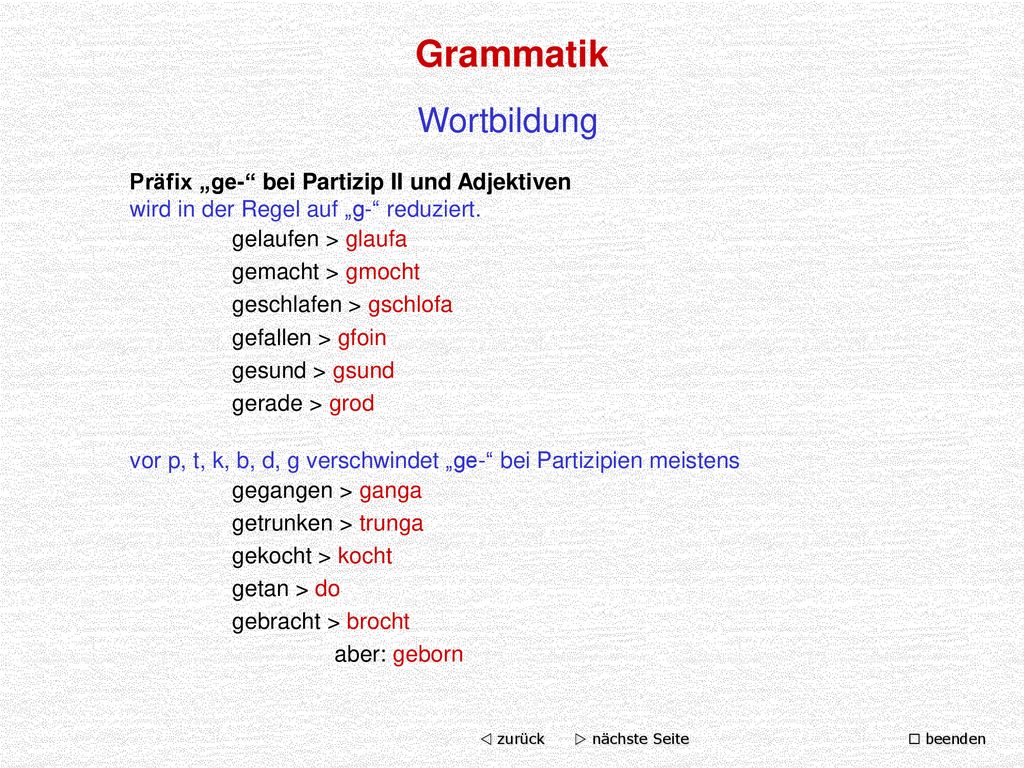 Grammatik Wortbildung Präfix „ge- bei Partizip II und Adjektiven
