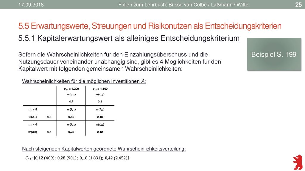 Folien zum Lehrbuch: Busse von Colbe / Laßmann / Witte. 5.5 Erwartungswerte, Streuungen und Risikonutzen als Entscheidungskriterien.